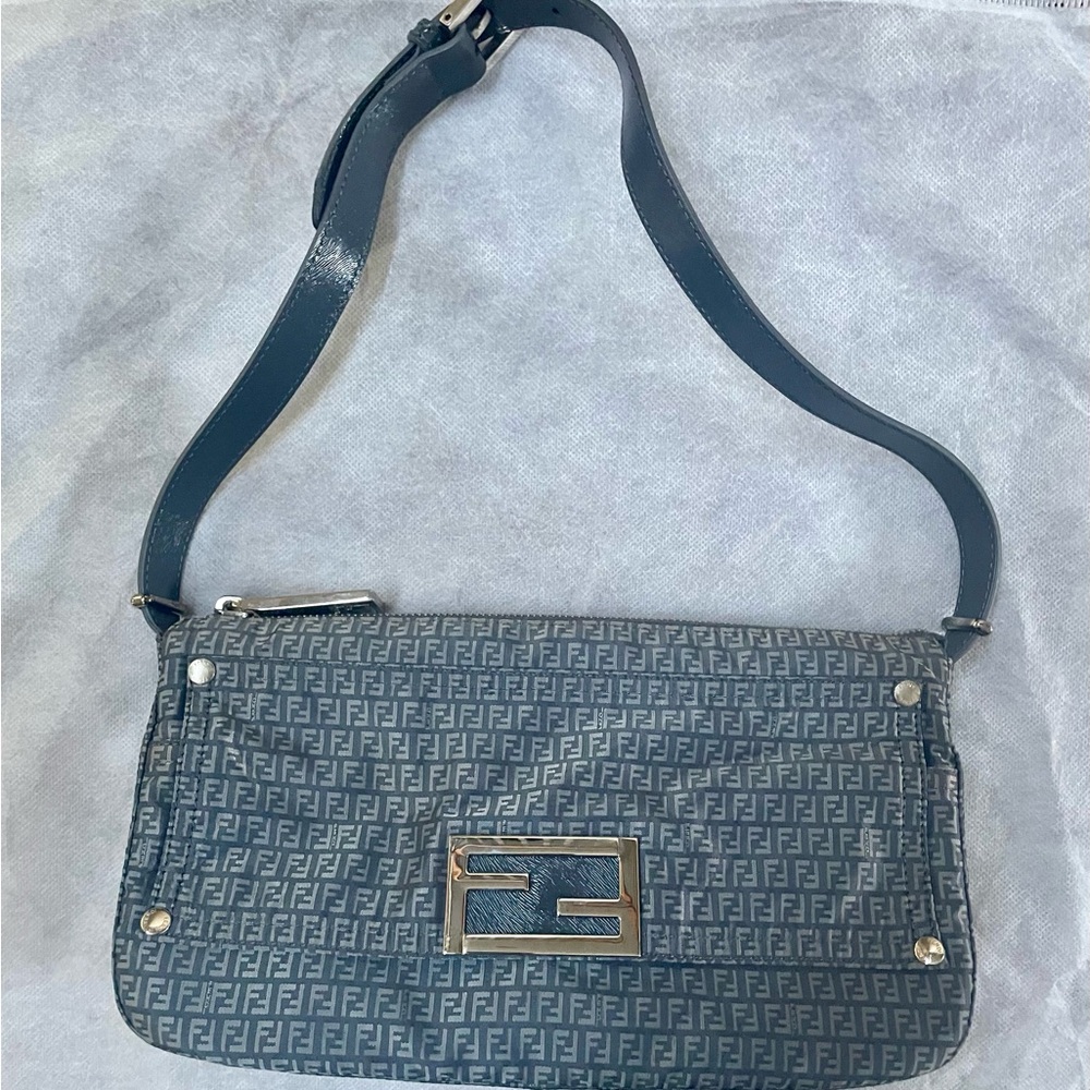 Fendi Gray and Silver Monogram Shoulder Baguette bag